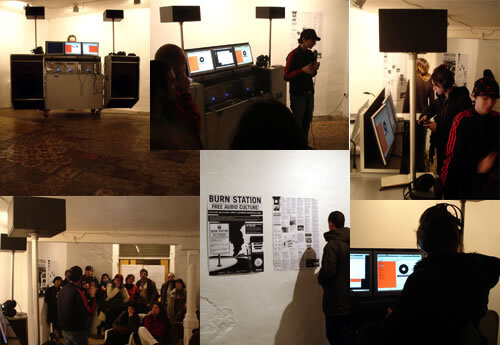 Six photographs of Burn Station installed in gallery spaces, with its poster.